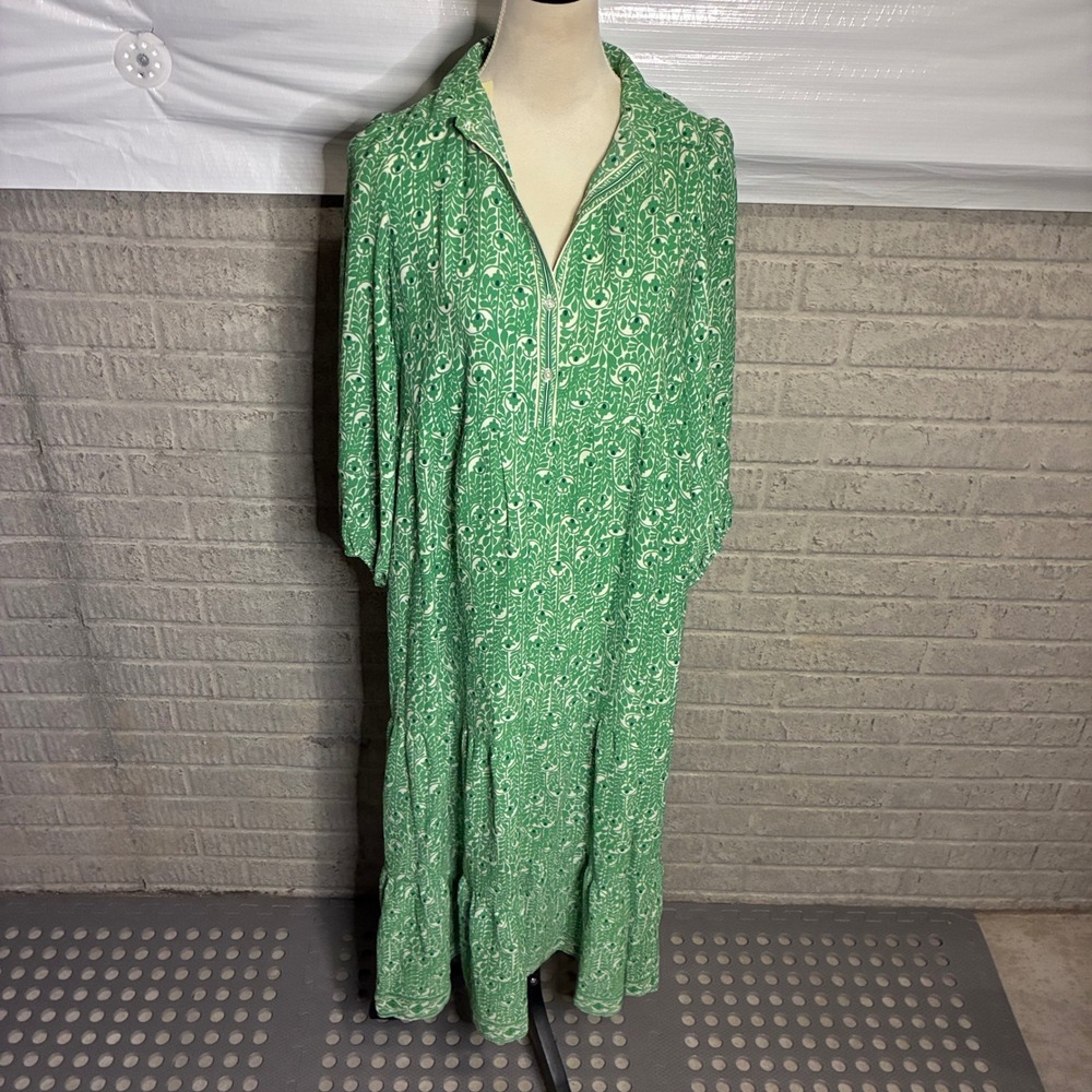 NEW Max Studio London Green Botanical Leaf Print Tiered Maxi Dress Small